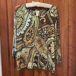 Chico's Long Sleeve Paisley Top - Brown and Green